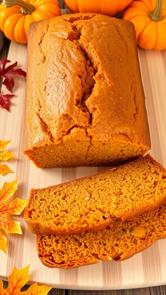A loaf of pumpkin bread with a slice cut, surrounded by pumpkins and autumn leaves.